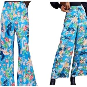 ZARA NWT High-Waisted Blue Floral Asian Motif Silky cropped Flared Pants Sz L